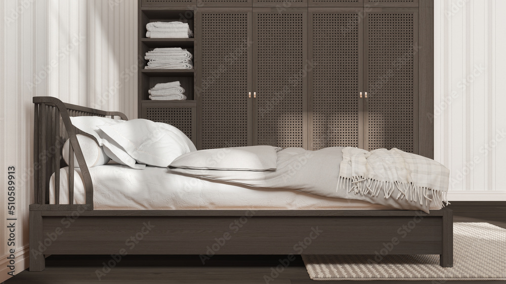 Scandinavian wooden bedroom in white and dark tones, double bed with ...