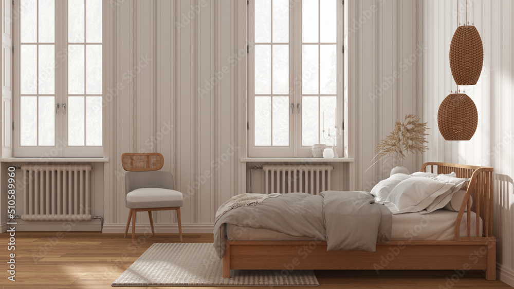 Scandinavian wooden bedroom in white and beige tones, double bed with pillows, duvet and blanket, striped wallpaper, windows with radiators, parquet. Side view, modern interior design Scandinavian wooden bedroom in white and beige tones, double bed with pillows, duvet and blanket, striped wallpaper, windows with radiators, parquet. Side view, modern interior design
