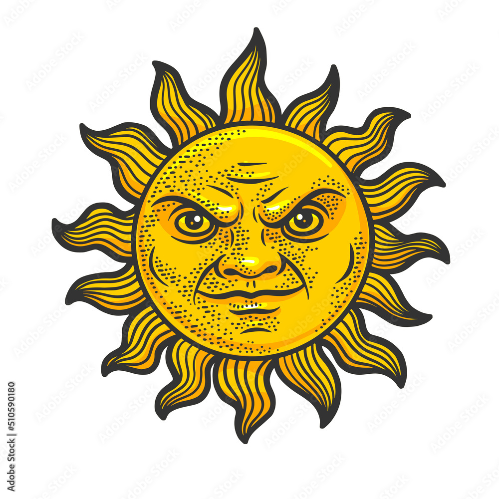 Evil cartoon sun color sketch engraving raster illustration. T-shirt apparel print design. Scratch board imitation. Black and white hand drawn image. Evil cartoon sun color sketch engraving raster illustration. T-shirt apparel print design. Scratch board imitation. Black and white hand drawn image.