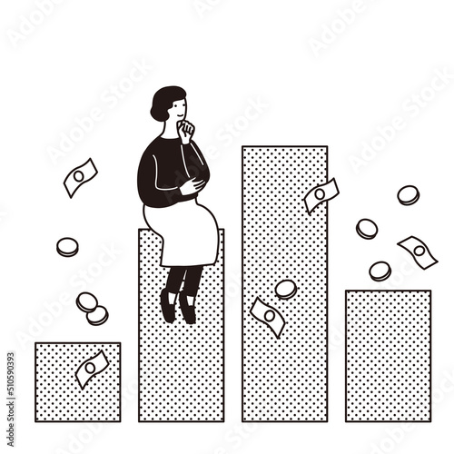 グラフとお金とシンプルな女性のイラスト