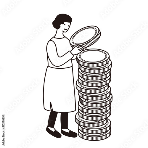 お金を積み立てる女性のシンプルなイラスト