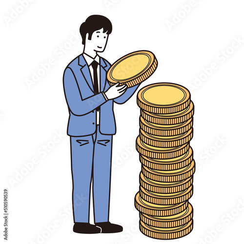 お金を積み立てる男性のシンプルなイラスト