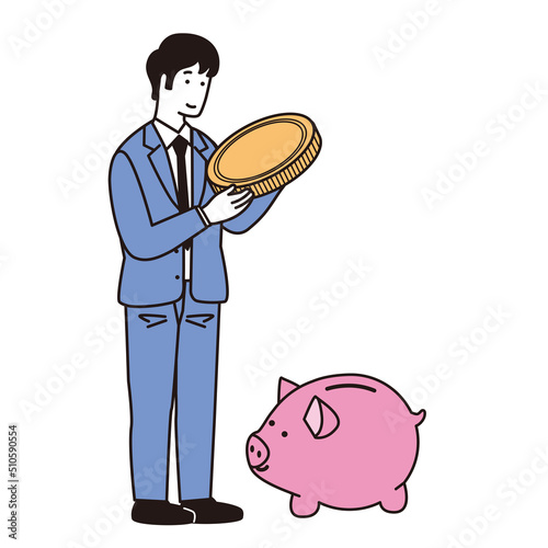 お金を貯金箱に入れる男性のシンプルなイラスト