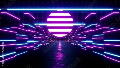 Neon Light Beam Retro City 3D Rendering