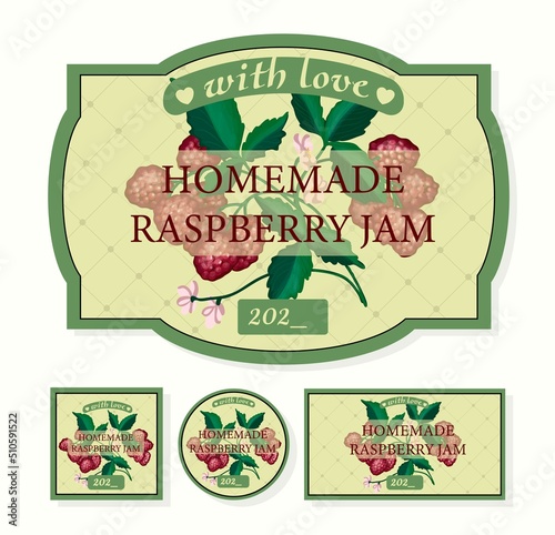 STICKERS ON JARS WITH HOMEMADE JAM. BERRY JAM. Raspberry. Labels for canning. Vintage kitchen sticker