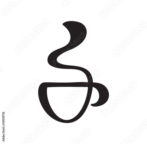 Vector calligraphy coffee or tea cup with steam. Black and white calligraphic illustration. hand drawn design for logo, icon cafe, menu, textile material