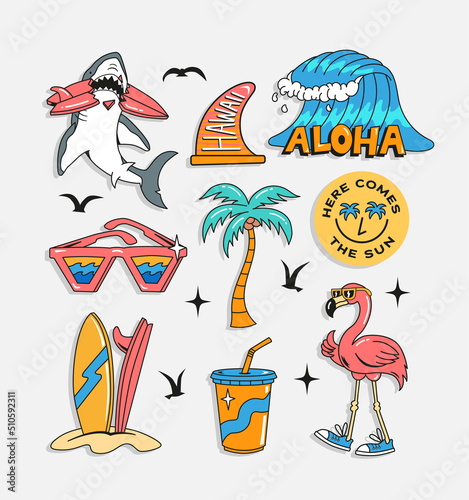 Surfing theme patches, badges, stickers. Vector illustrations of sharks, surfboards, waves, sunglasses, a palm tree and a flamingo.