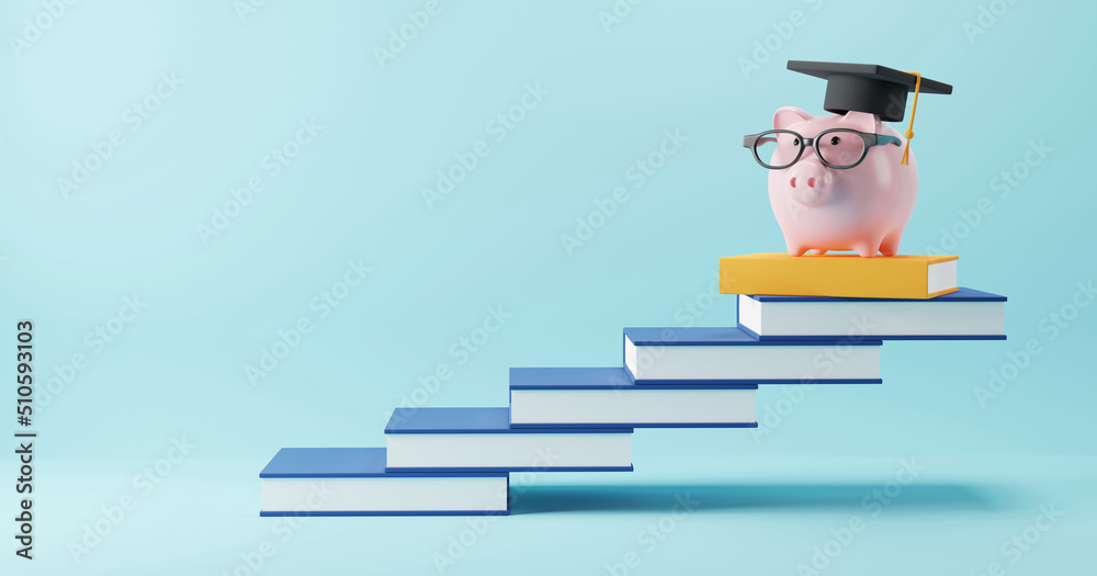 Education concept design of piggy bank with glasses wearing graduation ...