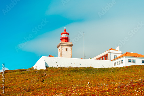 View of the Cabo da Roca Lighthouse. Sintra, Portugal. Portuguese Farol de Cabo da Roca is a cape which forms the westernmost point Eurasian