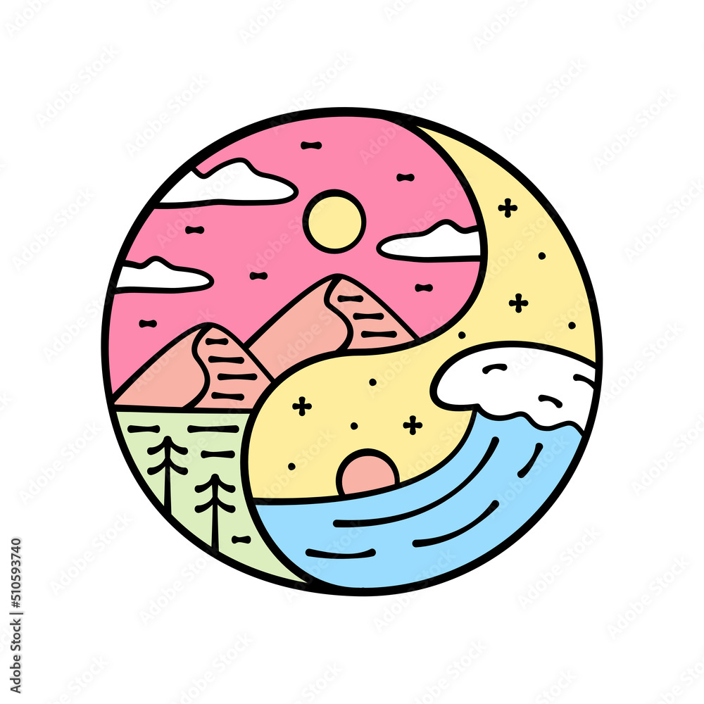 The wave and nature mountain in Yin Yang concept for badge patch emblem graphic vector art t-shirt design The wave and nature mountain in Yin Yang concept for badge patch emblem graphic vector art t-shirt design