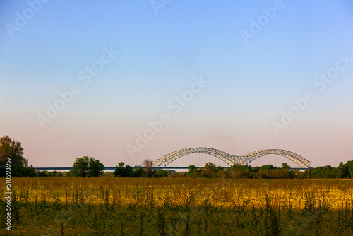  The Hernando de Soto Bridge in West Memphis, Arkansas crossing the Mississippi river to Memphis Tennessee. With and open field of yellow flowers, blue sky and trees. Photographer Derek Broussard