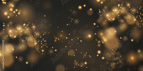 Christmas background. Powder PNG. Magic shining gold dust. Fine, shiny dust bokeh particles fall off slightly. Fantastic shimmer effect. 