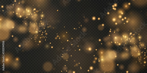 Christmas background. Powder PNG. Magic shining gold dust. Fine, shiny dust bokeh particles fall off slightly. Fantastic shimmer effect.	