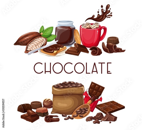 Chocolate banners. Chocolate Bar, Candy, Cocoa Beans, popsicle, Chips, spred and ets for confectionery products shop. Vector illustration.