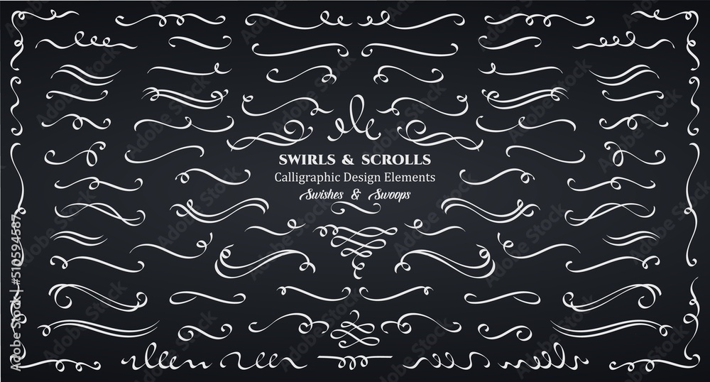 Swirls or scrolls, vintage flourishes, stroke and curls white on black. Calligraphic line, wedding dividers text and calligraphy ornament ink vector design elements. Swishes, swashes or swoops.