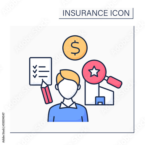 Assessor color icon. Person calculates or estimates price or value. Assessments for purposes of taxation.Insurance concept. Isolated vector illustration