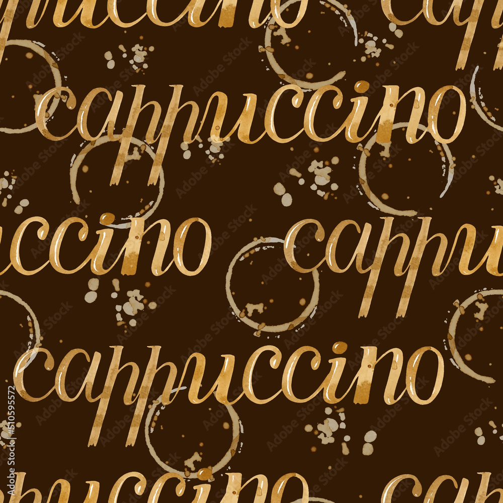 Cappuccino lettering on coffee stains watercolor seamless pattern on dark background