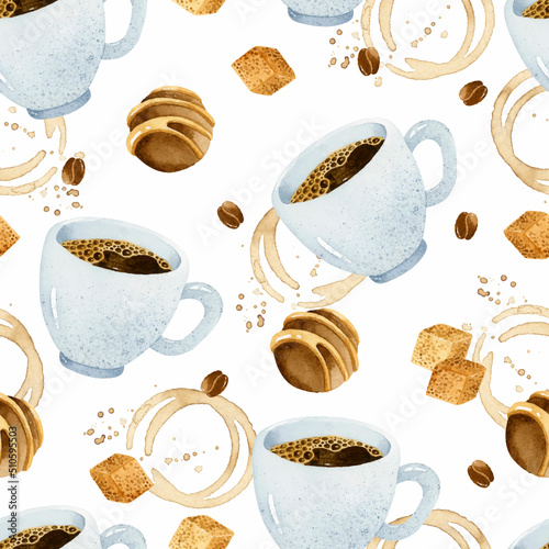 Espresso cup with chocolates and coffee beans watercolor seamless pattern	