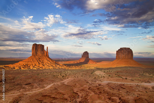 The Mittens and Merrick Butte at dusk in Monument Valley