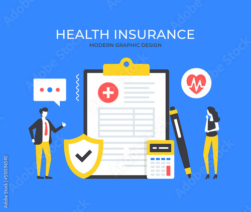Health insurance. People and clipboard with medical form. Medical insurance. Healthcare concepts. Modern graphic elements set. Vector illustration