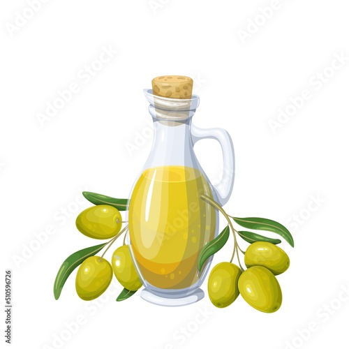 Olive oil glass jug pitcher jar bottle and green olives with leaves vector illustration