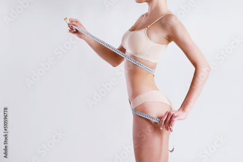 Unrecognizable fit woman taking her body measurements with a centimeter measuring tape. Torso of a slim female with flat belly in white underwear. Copy space, isolated, white background, close up.