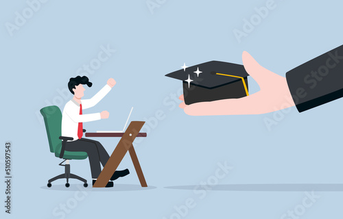Providing educational opportunity for employee, corporate scholarship for further study in field of work concept. Employee showing delighted expression when boss hand give graduation cap for him. 