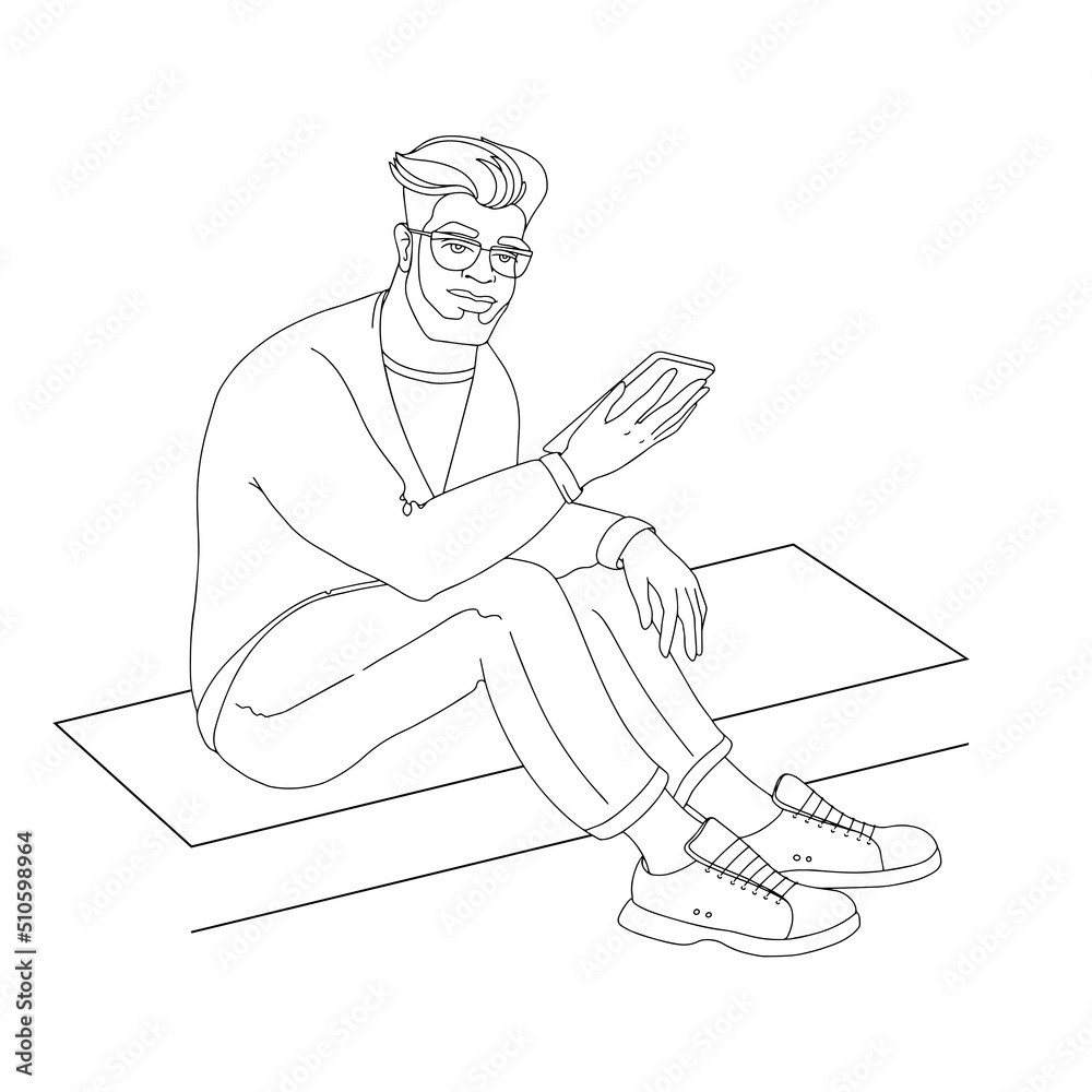 Young man is sitting and holding a phone. Outline vector.