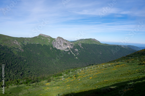 Paysage des Monts du Cantal au printemps en France dans la vallée de La Maronne photo