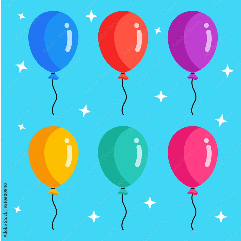 Balloon in cartoon style. Bunch of balloons for birthday and party. Flying ballon with rope. Blue, red and yellow ball isolated on white background. Flat icon for celebrate and carnival. Vector. Balloon in cartoon style. Bunch of balloons for birthday and party. Flying ballon with rope. Blue, red and yellow ball isolated on white background. Flat icon for celebrate and carnival. Vector.