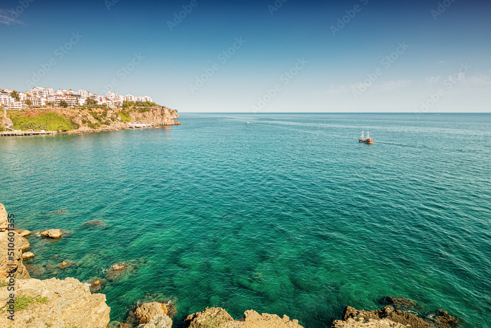 Obraz premium Lara district of a resort town of Antalya, Turkey situated on a high cliff. Vacation and coastline concept