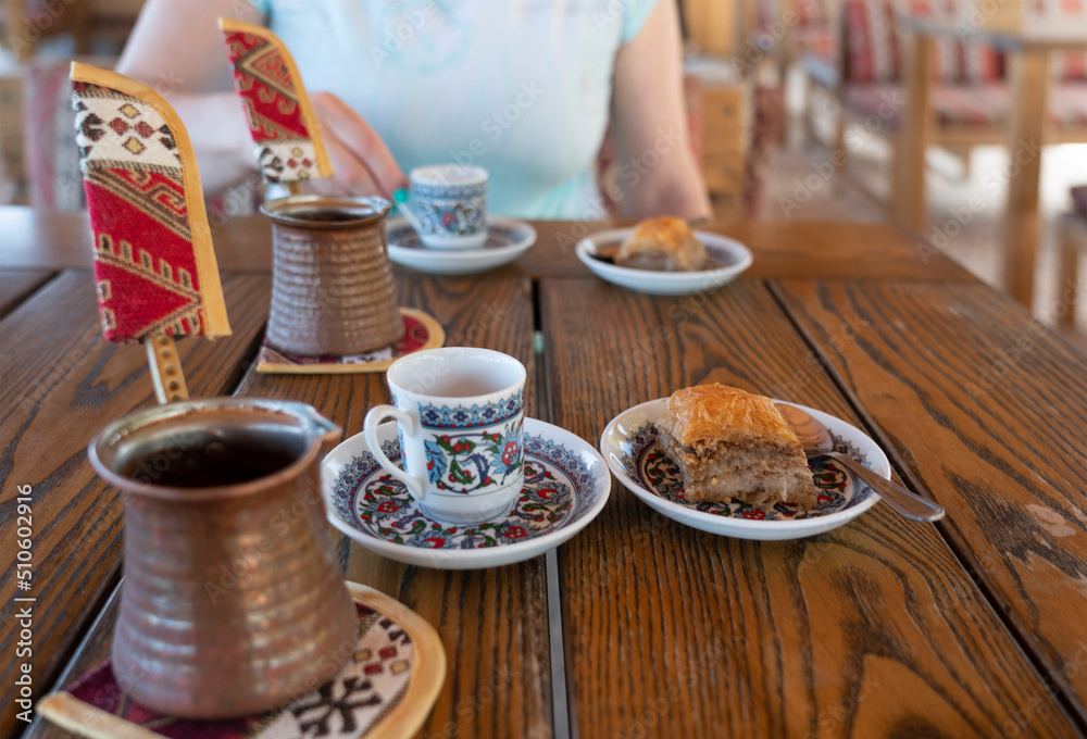 Turkish coffee and baklava on the table, tatar food Turkish coffee and baklava on the table, tatar food