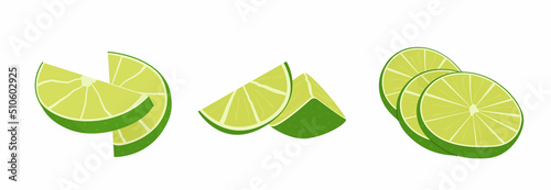 Key lime slices, cutted pieces and citrus wedges. Meethay fruit for healthy diet. Vector set of realistic flat cartoon style lime. Composition of fruit slices. Delicious juicy citron for cocktail menu