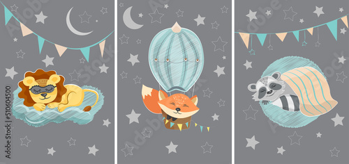 A set of three illustrations with cute sleeping animals. Lion, fox and raccoon in cartoon style for decoration of nursery or other children spaces.