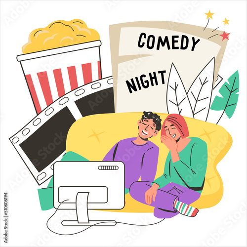 Comedy movie banner template with people watching television and laughing, vector.
