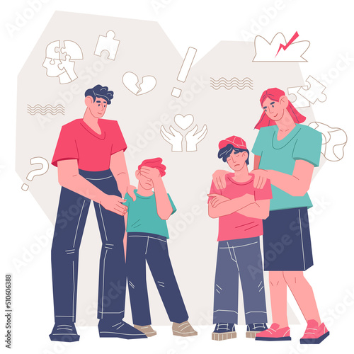 Worried parents comforting depressed crying teen children vector isolated.