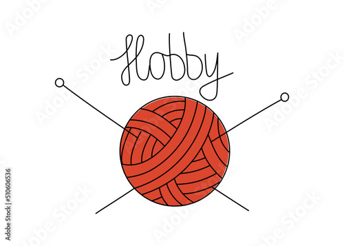 A skein of thread for knitting and an inscription. Logo, icon. Drawing Handmade, hobby, needlework. Doodle style. Vector illustration.