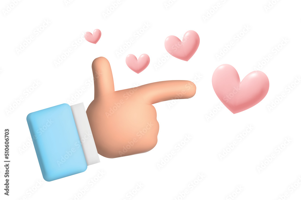 Vector 3d render cute hand touch or point the pink hearts. Social media like icon concept. Hand approved symbol.