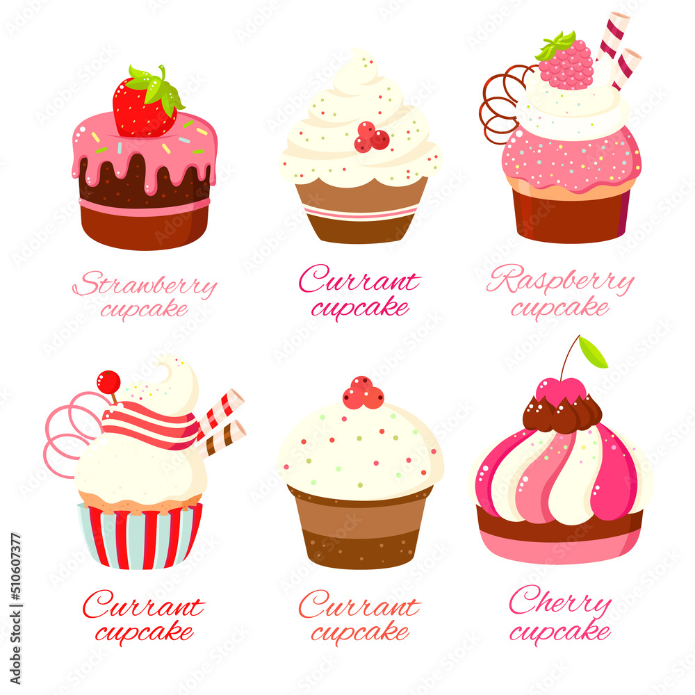 Set of cute cake, muffin, cupcake. Collection of kawaii sweet dessert characters with smiling face and pink cheeks for sweet design. Vector illustration EPS8