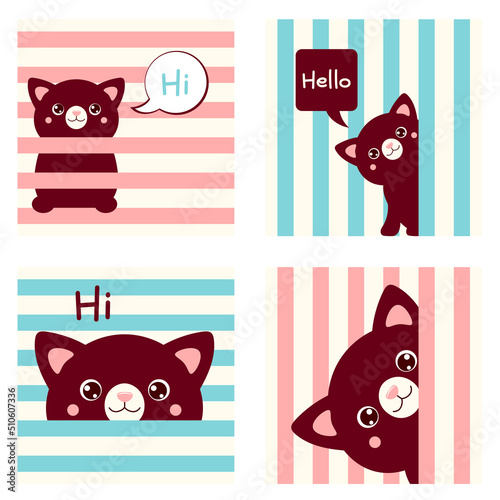Set of kawaii member icon. Cards in retro style with cute cartoon cats. Baby collection of backgrounds with kitty. Vector illustration EPS8