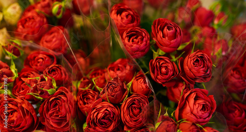 Beautiful bouquets of red roses in a flower shop. Background on full screen. Handsome fresh bouquets. Flowers delivery. Floral shop concept. Selective focus.