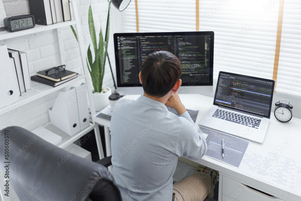 Software development concept, Male programmer read data code to thoughtful about developing website Software development concept, Male programmer read data code to thoughtful about developing website