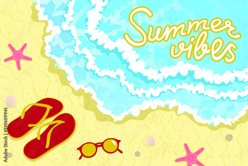 Summer vibes. Beach, waves, sun, sea, flip flops, shells, glasses