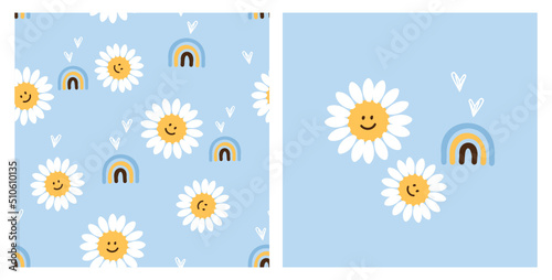 Seamless pattern with daisy cartoons, rainbows and hand drawn hearts on blue background vector illustration. Cute childish print.