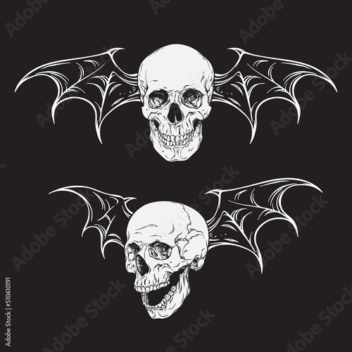 Flying human skulls with bat wings set isolated halloween designs. Hand drawn line art vector illustration