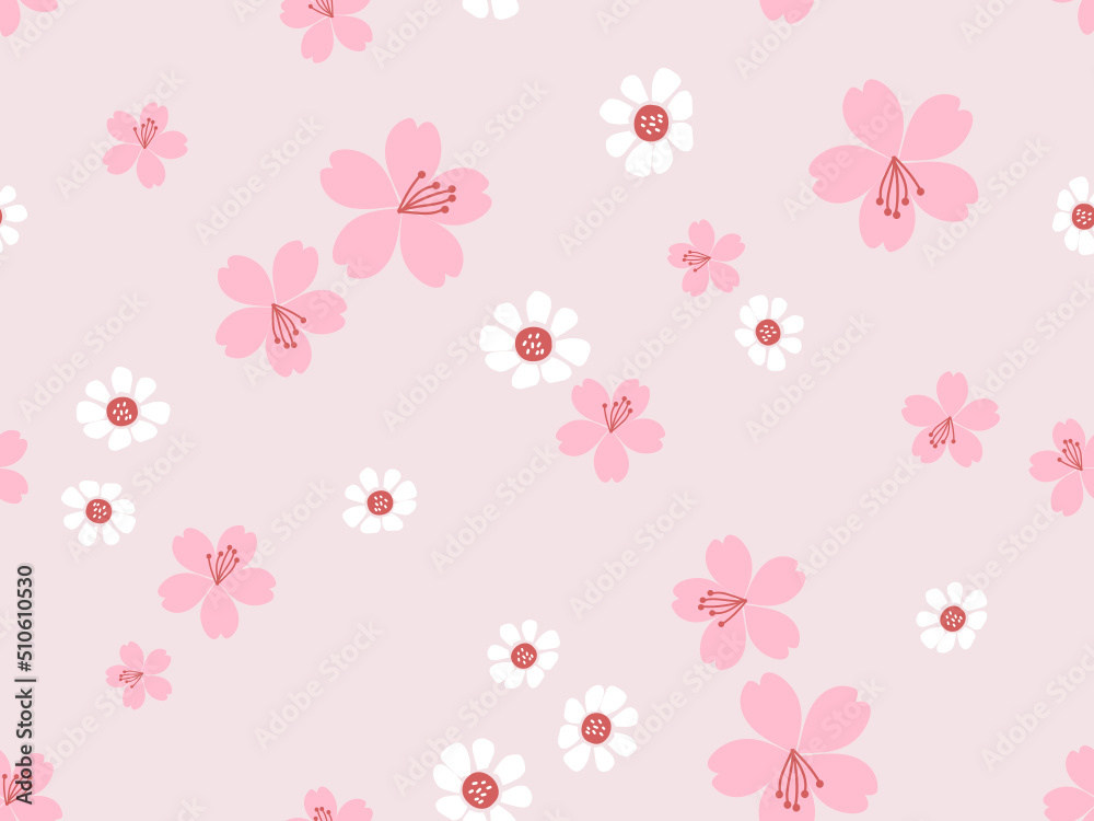 Seamless pattern with cherry blossom Sakura flower and white small flower on pink background vector illustration. Cute floral print.