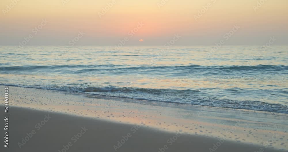 Sunset Background, Waves Crashing on Beach in Soft Light, Commercial Footage Sunset Background, Waves Crashing on Beach in Soft Light, Commercial Footage