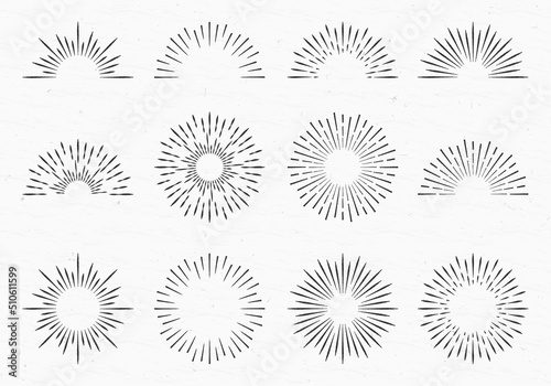 Sunburst set. Vintage sun light rays or burst design. Starburst collection isolated on the grunge background. Radial lines. Vector illustration.