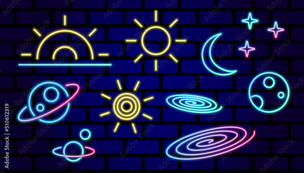 Fototapeta premium Set of simple space glowing neon icons of planets, sun, moon and stars.
