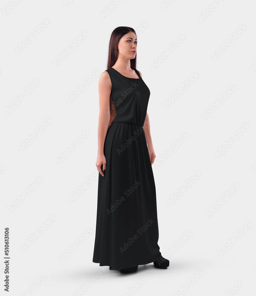 Template of an empty black long sundress with an elastic band at the waist, on a girl in heels, isolated on background, front view.